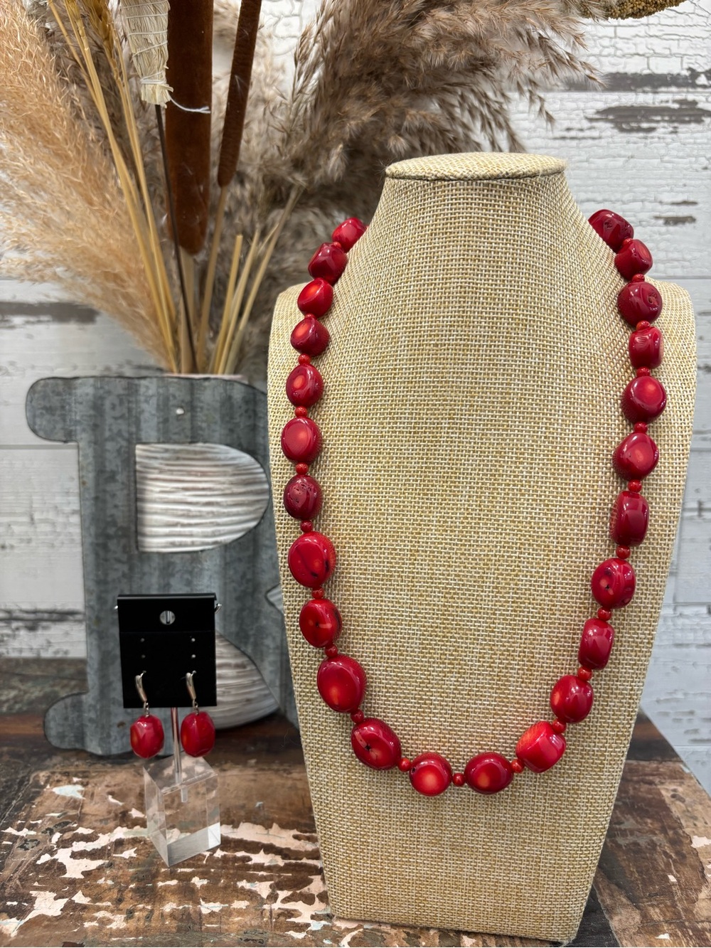 Boho Southwestern Bold Red Beaded Necklace and Matching Earrings